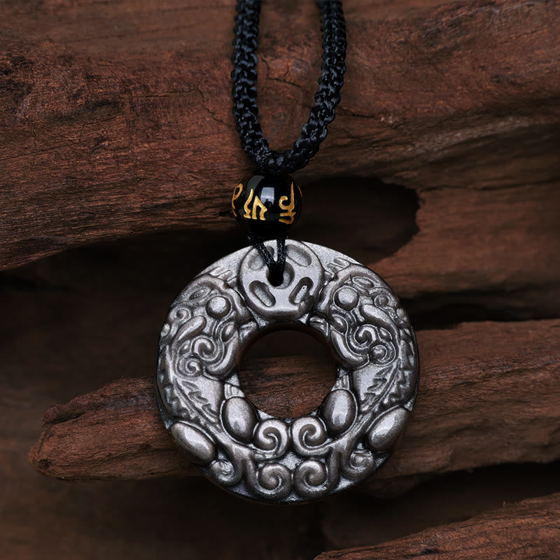 Natural Silver Sheen Obsidian Double PiXiu Copper Coin Peace Buckle Protection Necklace Pendant