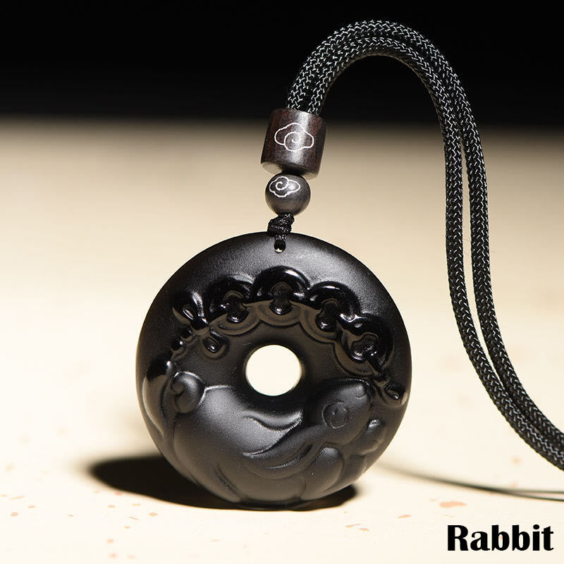 Chinese Zodiac Natural Black Obsidian Peace Buckle Strength Necklace Pendant
