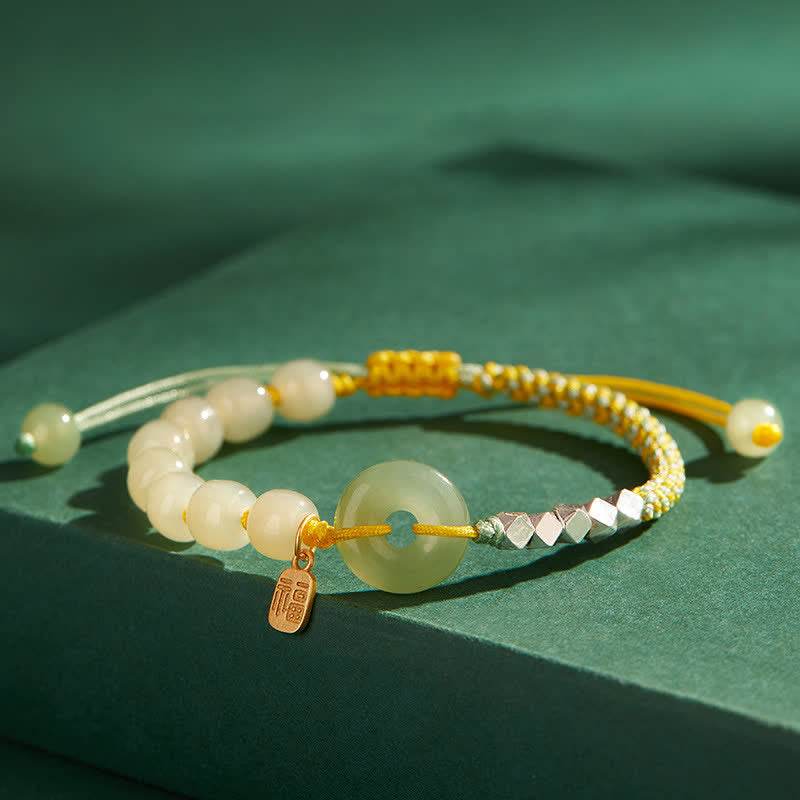 Hand-Woven Hetian Jade Ping An Kou Gold Plated Sterling Silver Beaded Bracelet