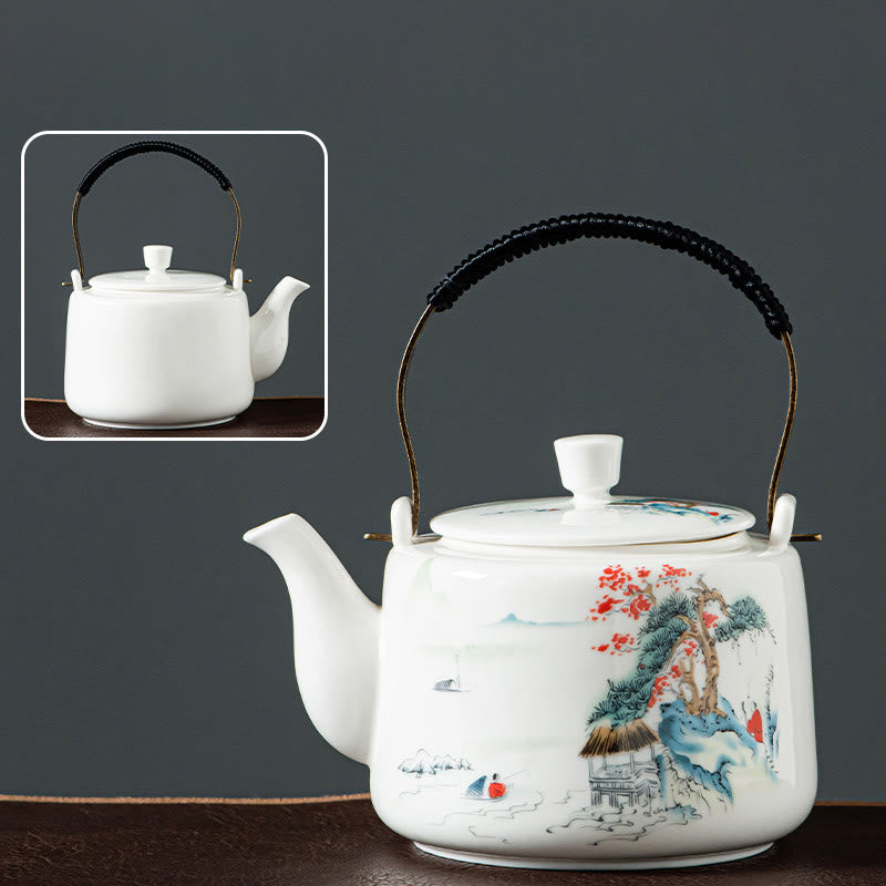Vintage Dragon Mountain Fisherman Landscape White Porcelain Ceramic Kung Fu Teapot