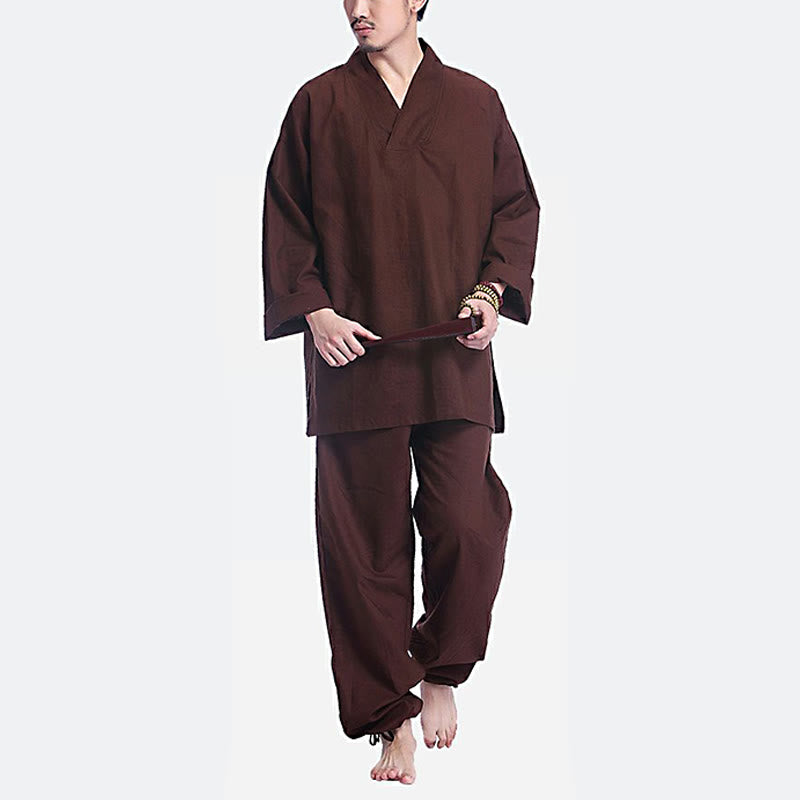 Meditation Prayer V-neck Design Cotton Linen Spiritual Zen Practice Yoga Clothing Men's Set