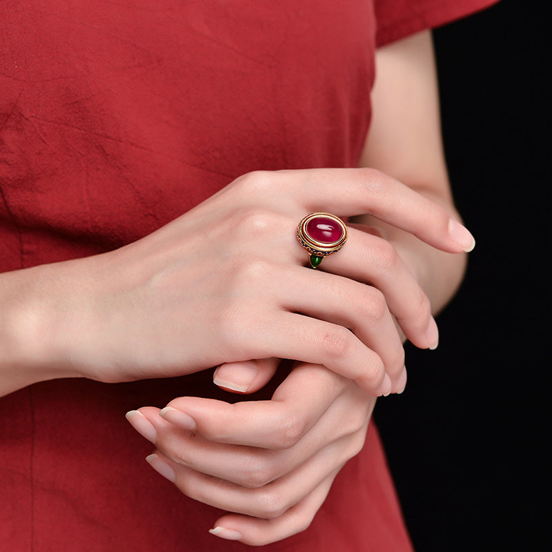 Adjustable 925 Sterling Silver Ruby Ring with Floral & Leaf Motifs