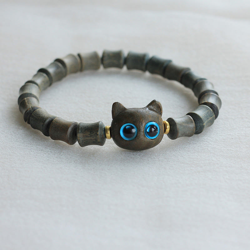 Hand-Carved Wooden Cat Peace Charm Bracelet in Ebony or Sandalwood
