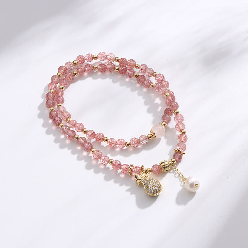 Strawberry Quartz Money Bag Positive Charm Double Wrap Bracelet