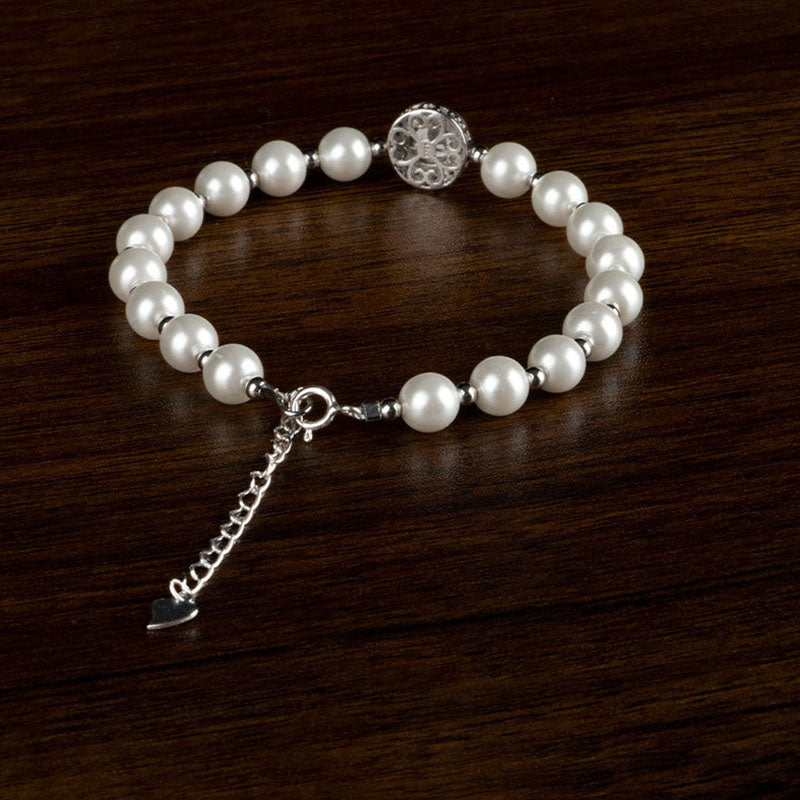 925 Sterling Silver Pearl Blue Chalcedony Healing Chain Bracelet Ring