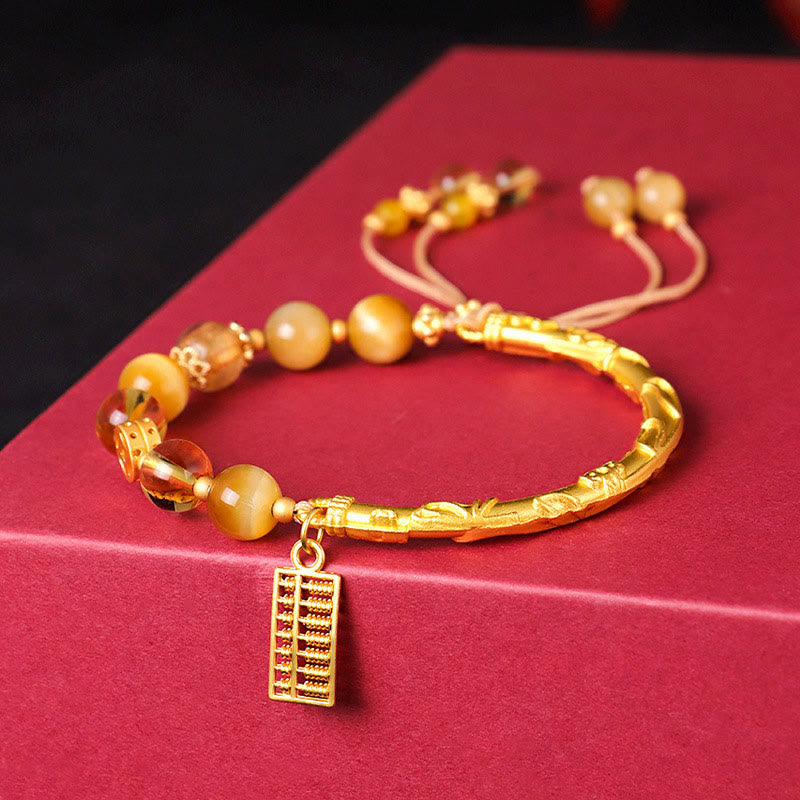 Adjustable Tiger Eye Citrine Clear Quartz Copper Abacus Charm Beaded Bracelet