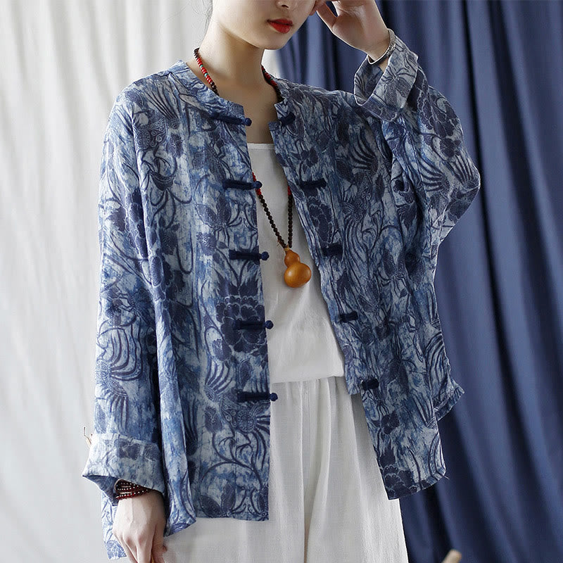 Ramie Linen Floral Stand Collar Meditation Jacket Shirt
