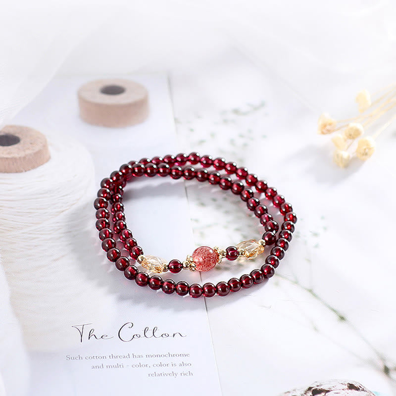 14K Gold Plated Natural Garnet Strawberry Quartz Butterfly Protection Double Wrap Bracelet