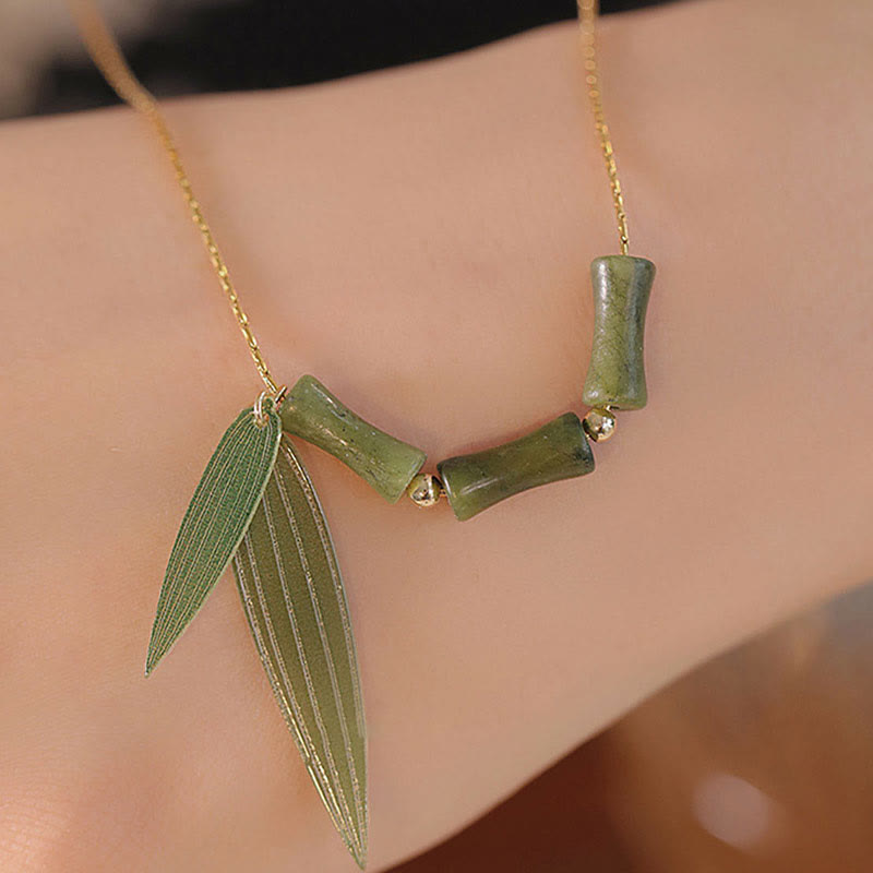 Bamboo Leaf Jade Design Wealth Necklace Pendant