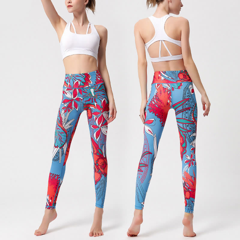 Colorful Flower Petal Leaves Print Sports Exercise Fitness High Waist Leggings Women's Yoga Pants