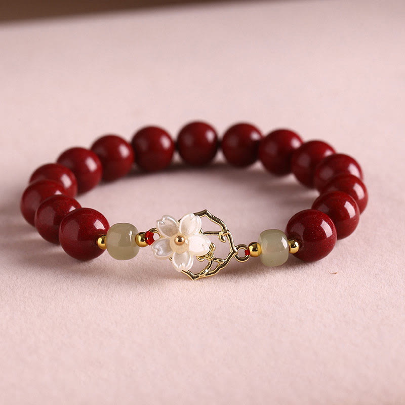 Natural Cinnabar Jade Beaded Tridacna Stone Flower Blessing Bracelet