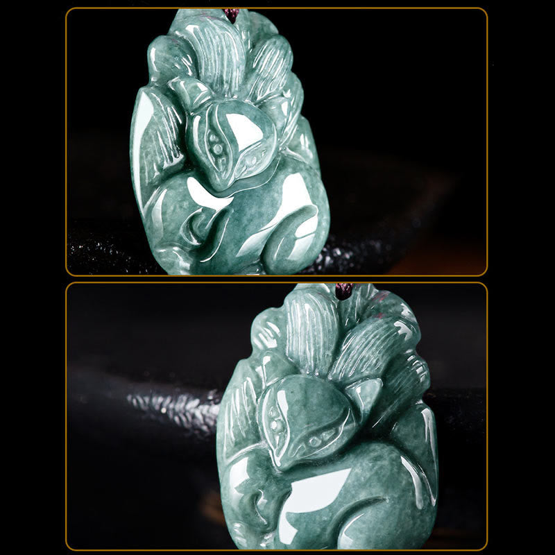 Natural Green Jade Nine Tailed Fox Engraved Prosperity Necklace Pendant