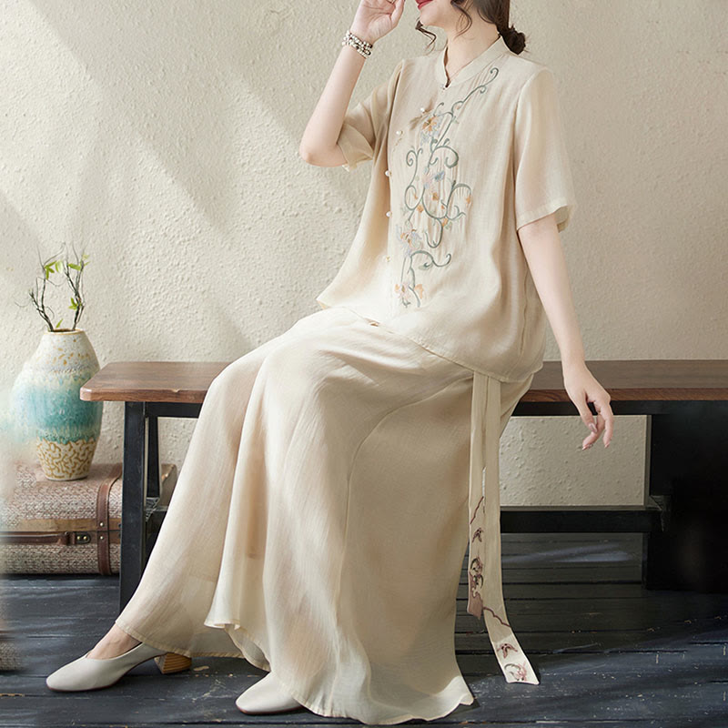 2Pcs Flower Embroidery Short Sleeve Tee T-shirt Wide Leg Pants Set