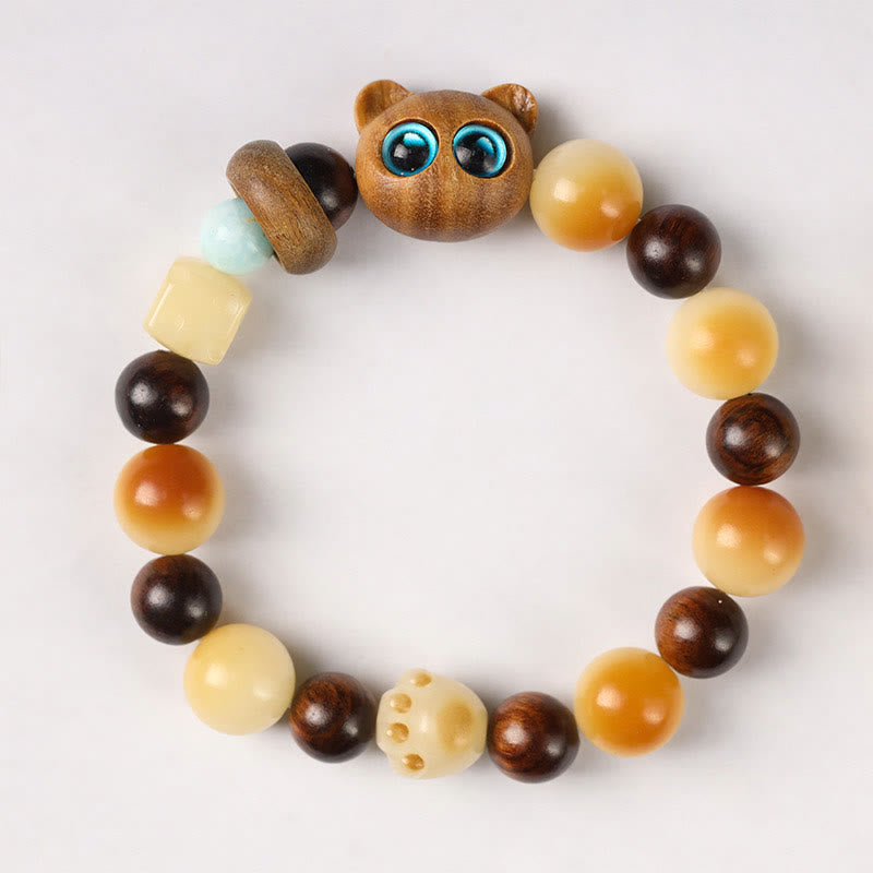 Natural Bodhi Seed Sandalwood Lucky Cute Cat Head Paw Claw Peace Bracelet