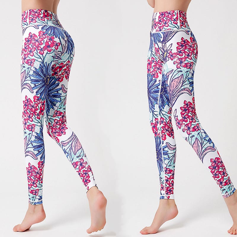 Colorful Flower Petal Leaves Print Sports Exercise Fitness High Waist Leggings Women's Yoga Pants