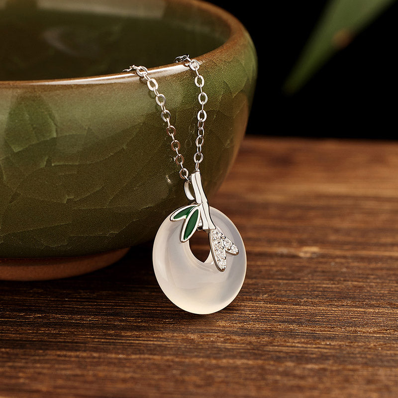 925 Sterling Silver Natural Chalcedony Bamboo Leaf Peace Buckle Positive Necklace Pendant