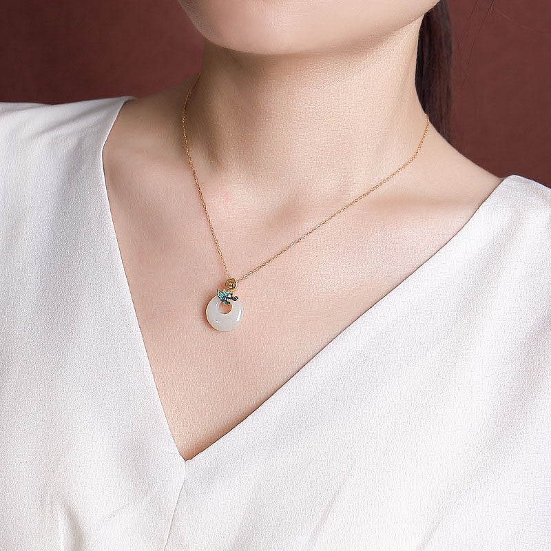 925 Sterling Silver Plated Gold Year of the Dragon Hetian Jade Peace Buckle Copper Coin Abundance Necklace Pendant