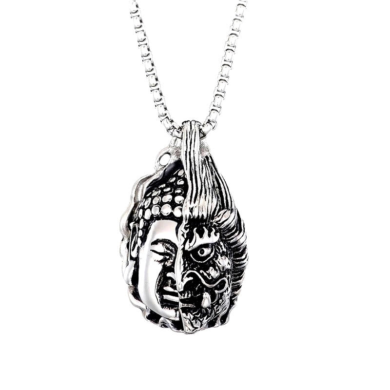 Dualistic Half Buddha Half Devil Titanium Steel Pendant Necklace for Men and Women