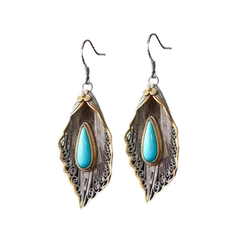 Bodhi Leaf Pattern 925 Sterling Silver Turquoise Dangle Drop Earrings