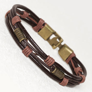 Vintage Leather Wrist Band Brown Rope Layered Bracelet Bangle