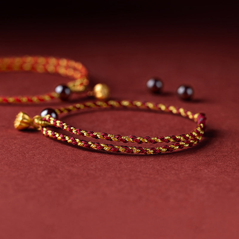 Handcrafted Red Gold Rope Lotus Peace And Joy Charm Braid Bracelet