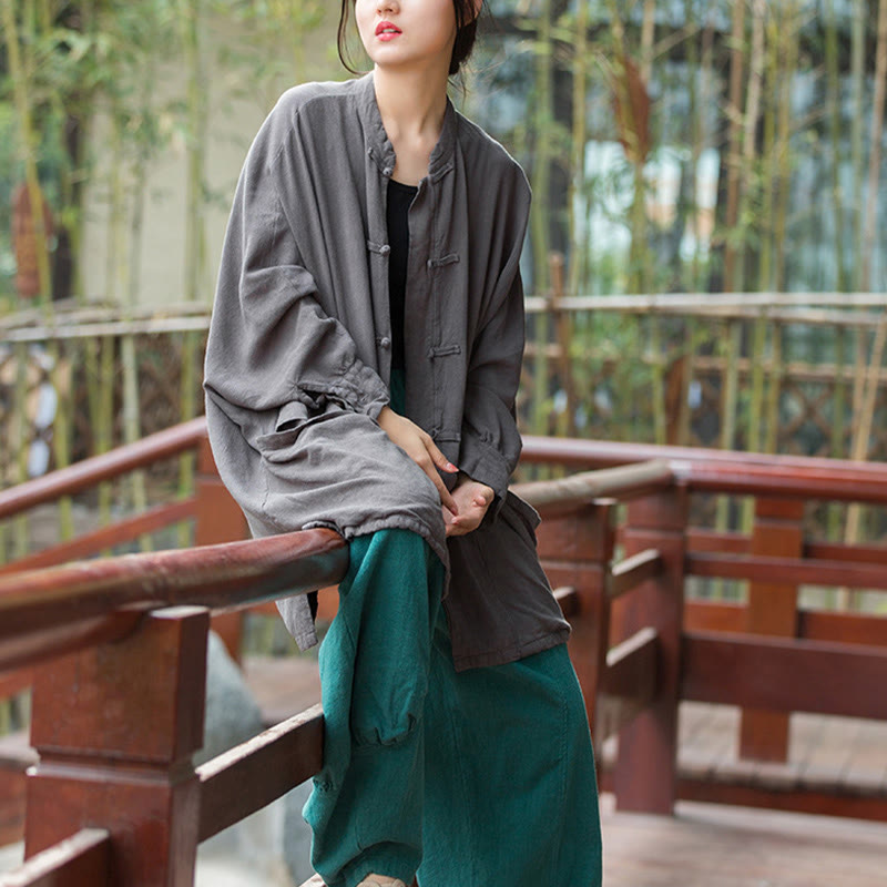 Frog-Button Long Sleeve Zen Meditation Open Front Jacket With Pockets