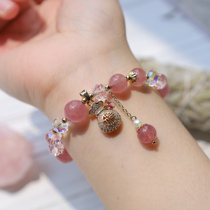 Natural Strawberry Quartz Crystal Beaded Bracelet with Carved Money Bag Charm