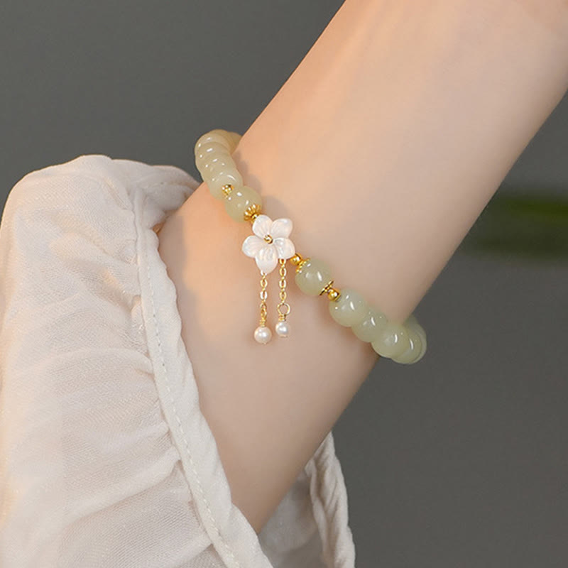 925 Sterling Silver Natural Hetian Jade Luck Flower Bracelet