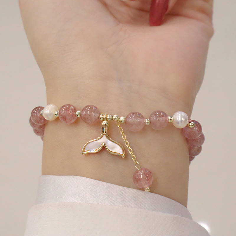 Strawberry Quartz Pearl Elk Smiley Face Fishtail Fu Character Charm Healing Bracelet