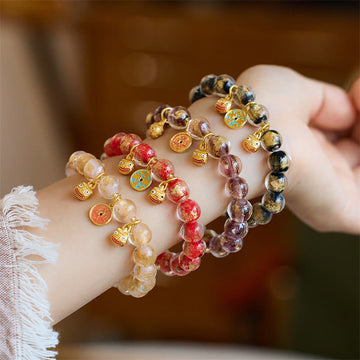 Gold Pixiu and Chinese Coin Liuli Glass Bead Energy Bracelet