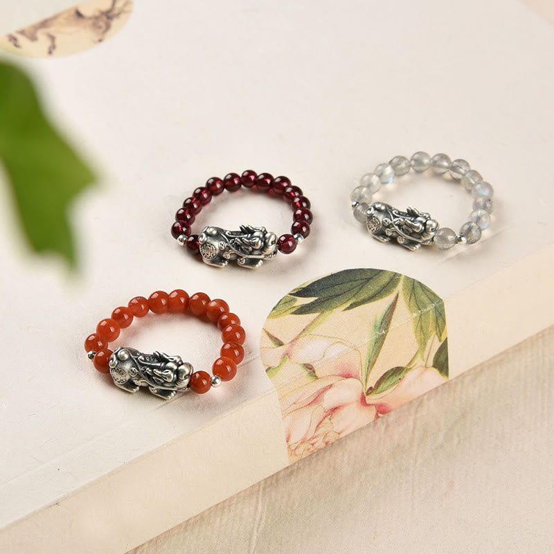 925 Sterling Silver Natural Garnet Moonstone Red Agate PiXiu Wealth Ring