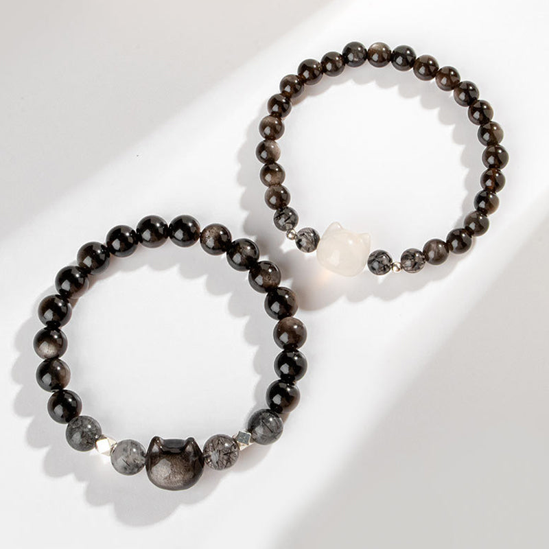 Natural Silver Sheen Obsidian Cute Cat Head Protection Bracelet