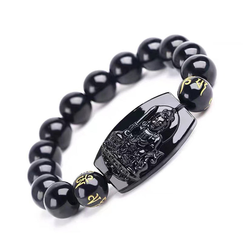 Hand-Carved Black Obsidian Om Mani Padme Hum Chinese Zodiac Beaded Bracelet