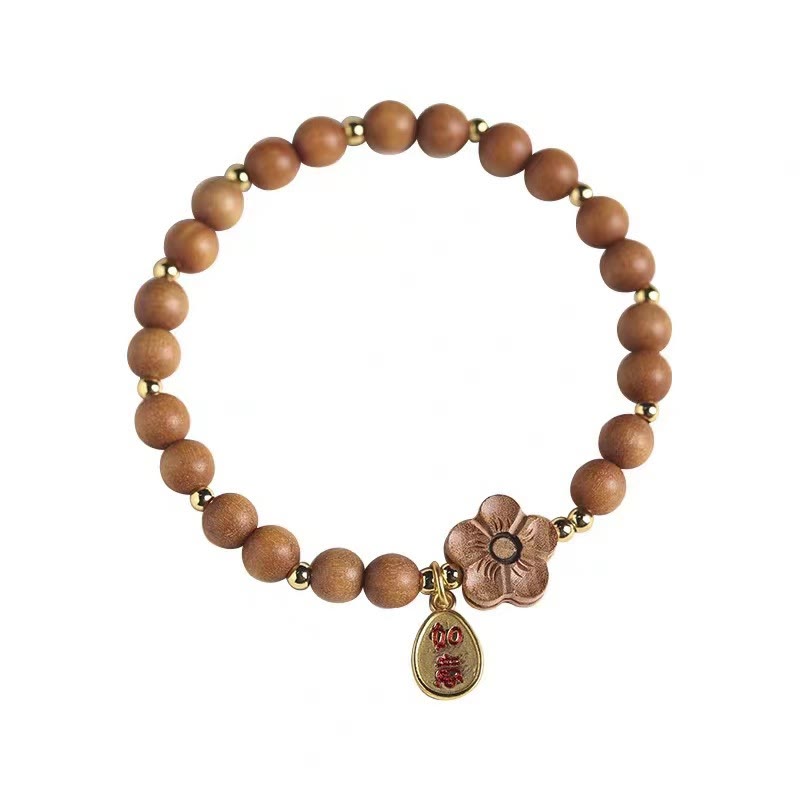 Natural Sandalwood Peach Blossom Ruyi Charm Handmade Wood Bracelet