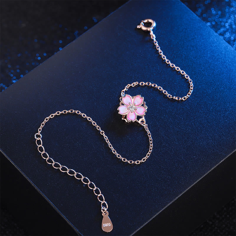 925 Sterling Silver Cherry Blossom Blessing Chain Bracelet Rotatable Ring