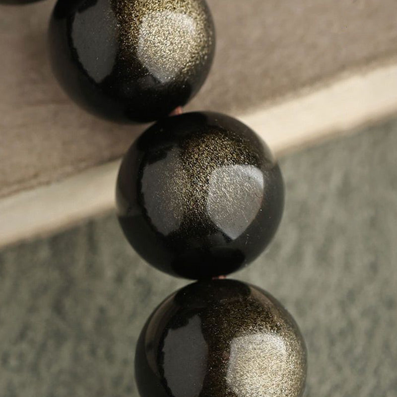 Handmade Gold & Silver Sheen Obsidian Feline Motif Beaded Bracelet