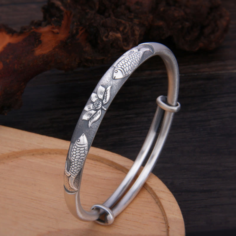 999 Sterling Silver Koi Fish Lotus Wealth Luck Bracelet Bangle