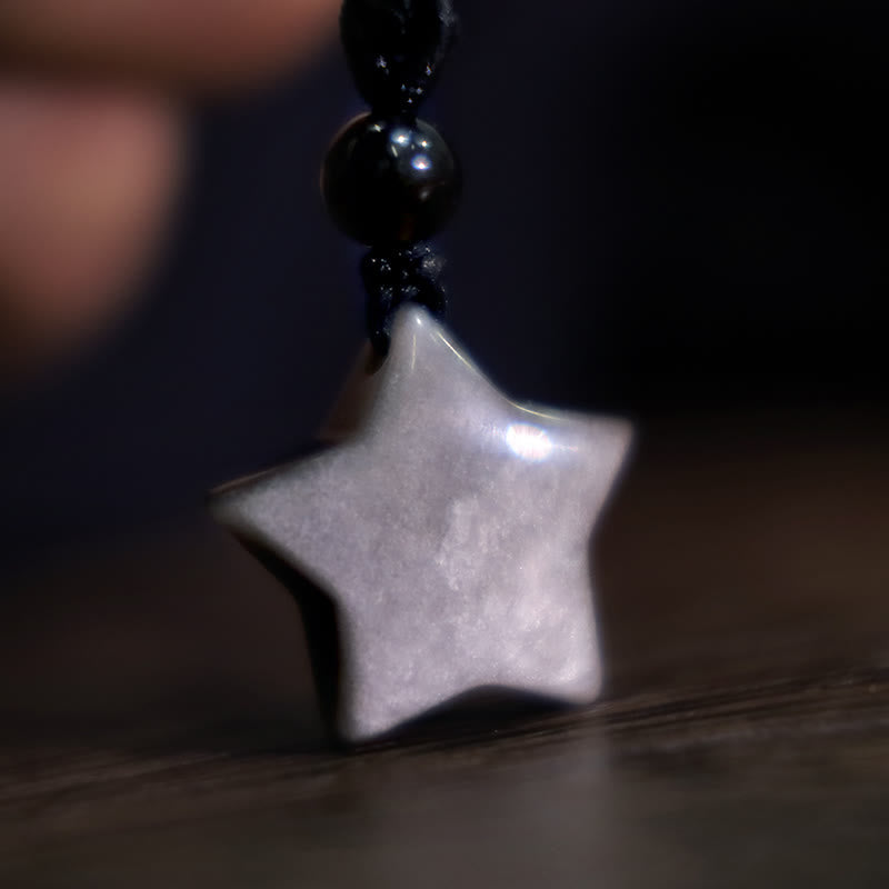 Natural Silver Sheen Obsidian Star Crescent Moon Protection Necklace Pendant