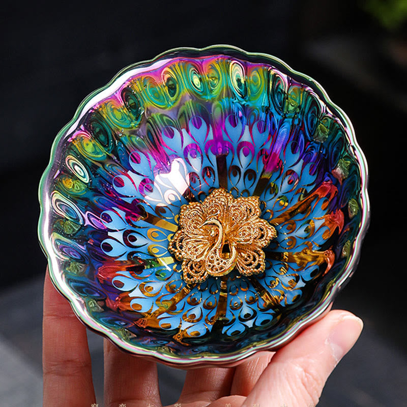 Vivid Peacock Lotus Inlaid Design Colorful Chinese Jianzhan Ceramic Teacup Kung Fu Tea Cup