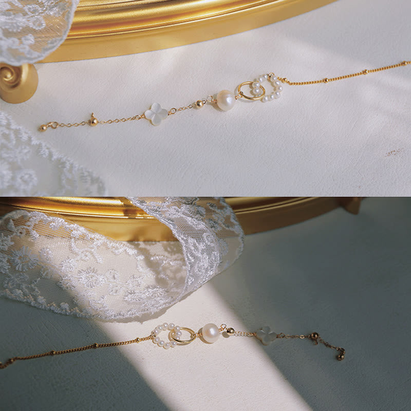 14K Gold Plated Pearl Double Peace Buckle Healing Chain Bracelet