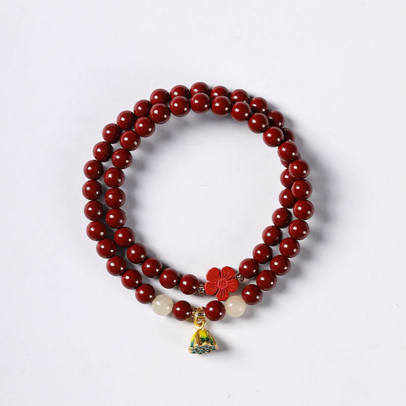 Agate and Cinnabar Lotus Charm Double Wrap Blessing Bracelet