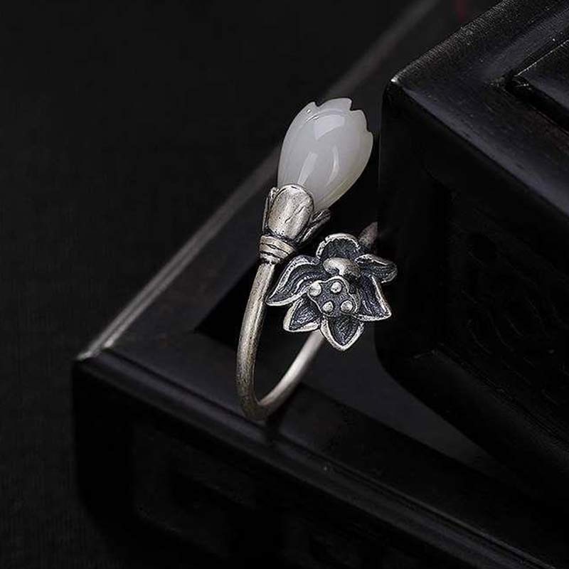Handmade Copper Jade Lotus Adjustable Ring