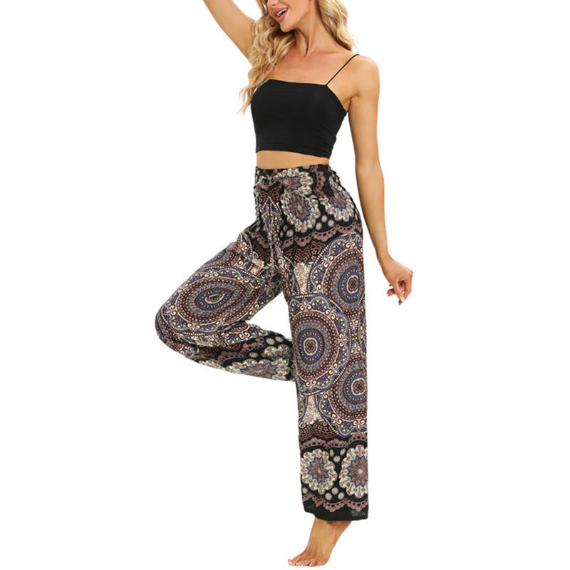 Boho Mandala Print Lace-up Wide Leg Pants Women's Yoga Pants
