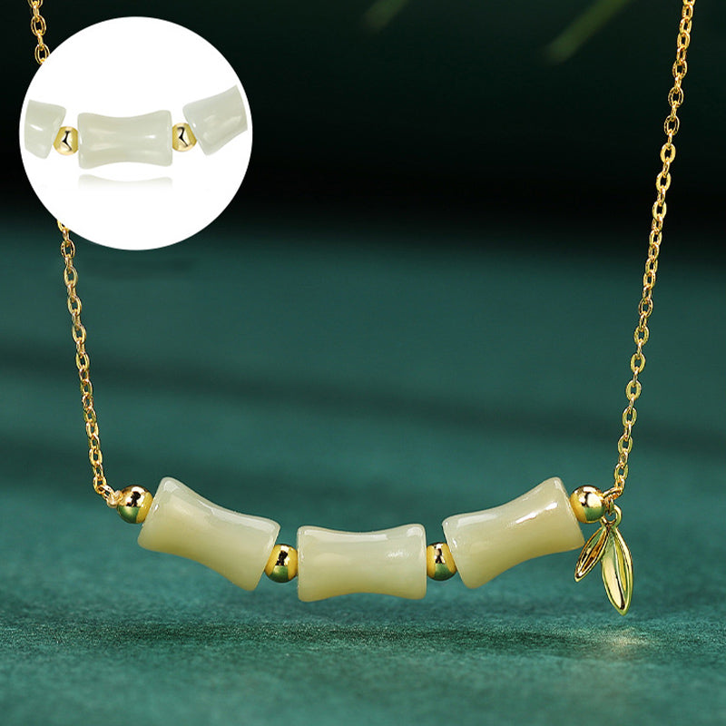 925 Sterling Silver Hetian Jade Bamboo Fu Character Prosperity Necklace Pendant Bracelet