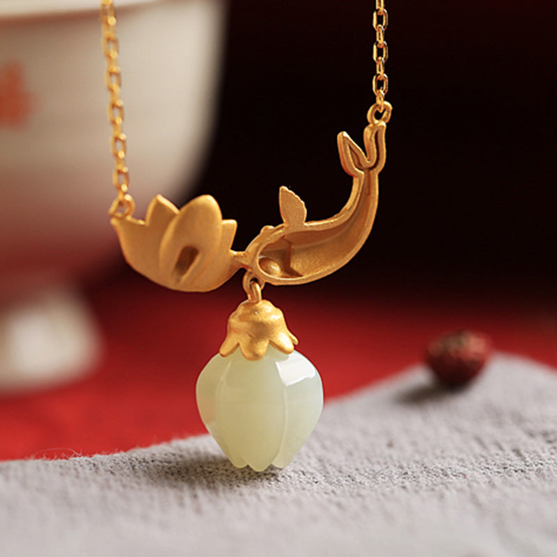 925 Sterling Silver White Jade Koi Fish Lotus Protection Necklace Pendant