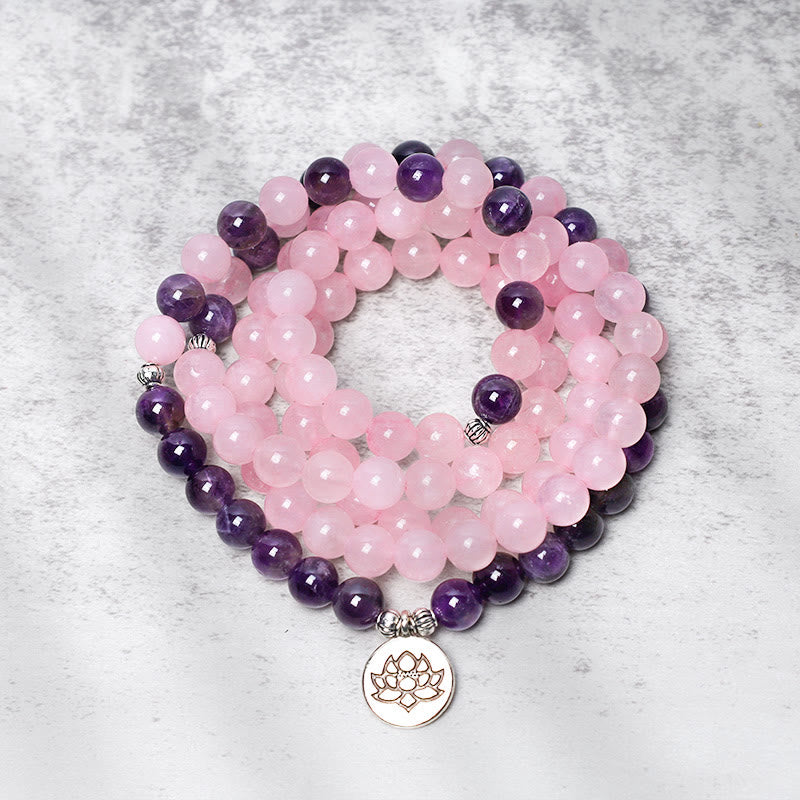 Natural Rose Quartz & Amethyst Om Mani Padme Hum Mala Bead Pendant Bracelet