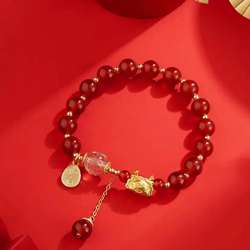 Year of the Dragon Dumpling Natural Red Agate Garnet Hetian Jade Fu Character Luck Success Bracelet