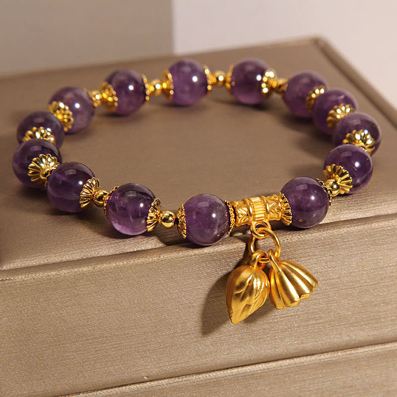 Natural Amethyst Gemstone Lotus Charm Mindfulness Bracelet