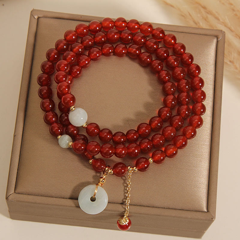Natural Red Agate and Jade Ping An Kou Triple Wrap Bracelet