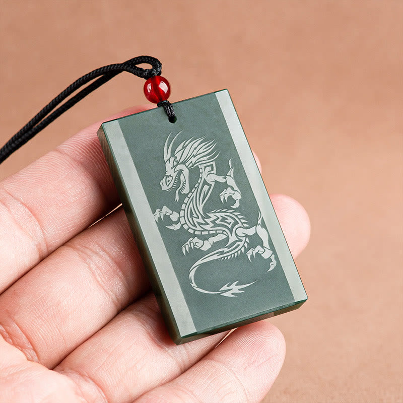 Hetian Cyan Jade Dragon Engraved Success Necklace Pendant